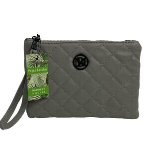 BADGLEY MISCHKA STUDIO Women's Quilted~Logo Vegan Leather Wristlet Grey NEW